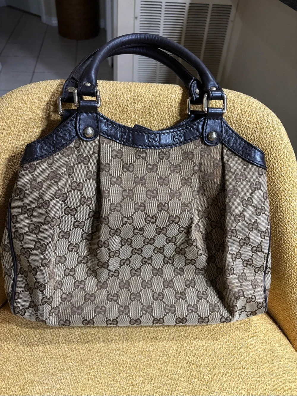 Gucci Beige/Brown GG Canvas Satchel with Dark Brown Trim